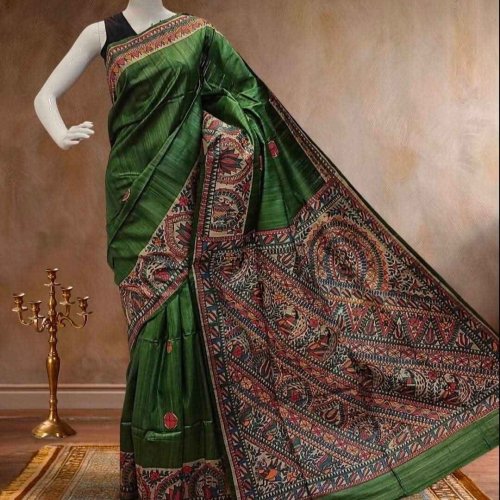 Ladies Tussar Ghicha Silk Hand Painted Madhubani Saree