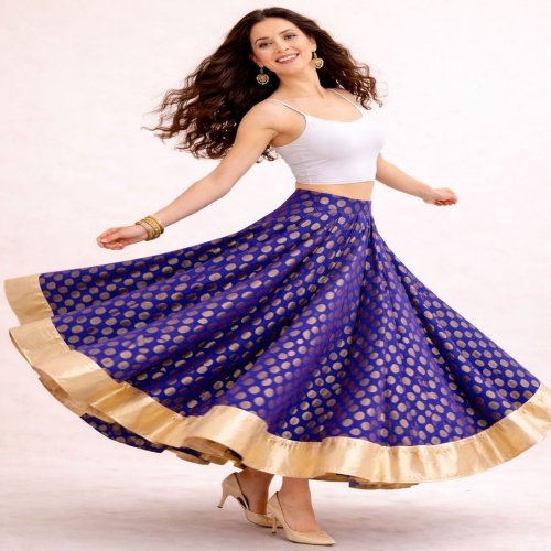 Royal Blue Banarasi Polka Flare Skirt
