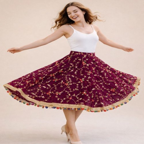 Wine Berry Floral Embroidered Midi Skirt