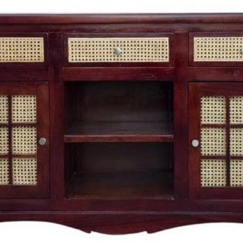 Brown Acacia Wood Cane Sideboard Cabinet