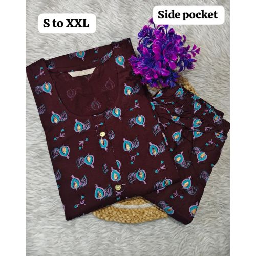 Comfortable Brown Rayon Printed Kurti and Pant Set