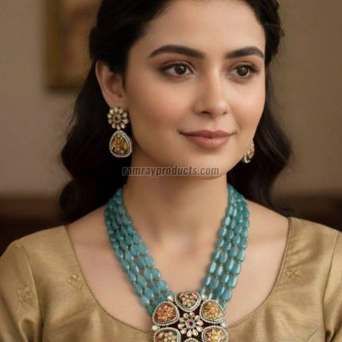 Aqua Bead Floral Pendant Set