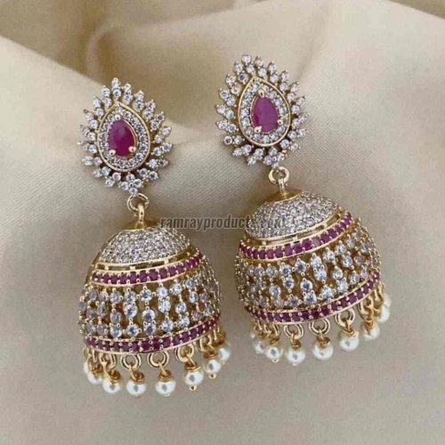 Golden and Pink Stone Designer Jhumka Earrings