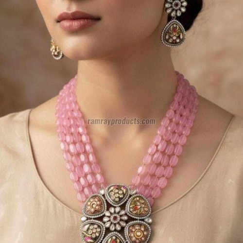 Handcrafted Pink Beaded Pendant Set