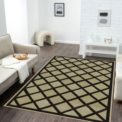 Beige and Black Woolen Lattice Diamond Design Rug