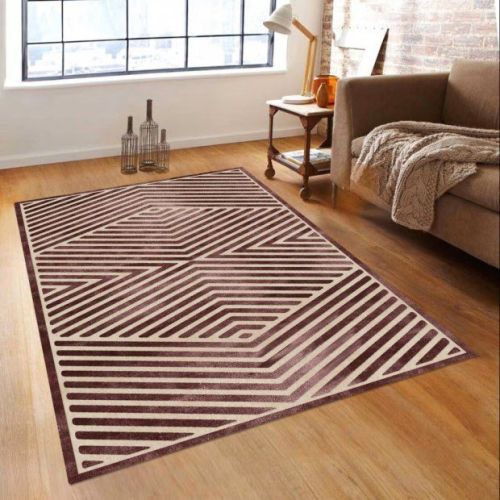 Beige Maroon Geometric Linear Woolen Rug
