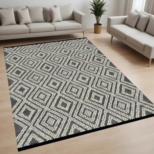Black and Ivory Geometric Textured Woolen Carpet