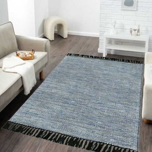 Blue Woven Textured Rug with Tassels