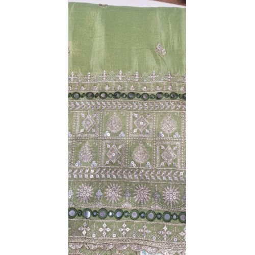Ladies Green Tissue Silk Daman Work Fabric