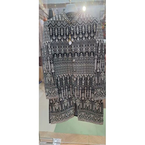 Mens Black Velvet Resham Work Sherwani