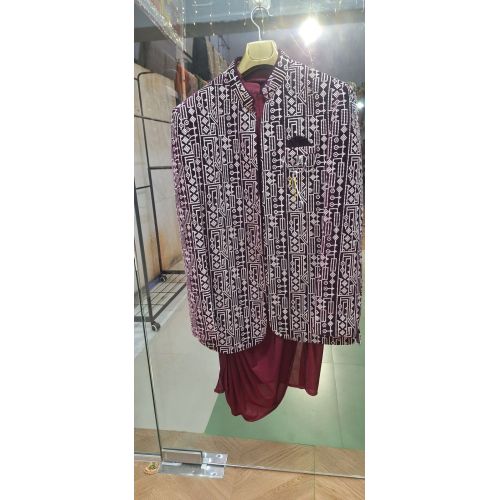 Mens Maroon Pathani Suit Set