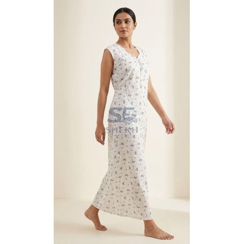 Ladies White Printed Cotton Nighty