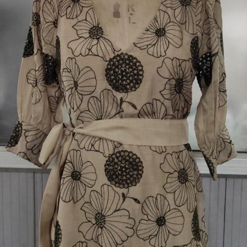 Ladies Black and Beige Cotton Printed V Neck Midi Dress