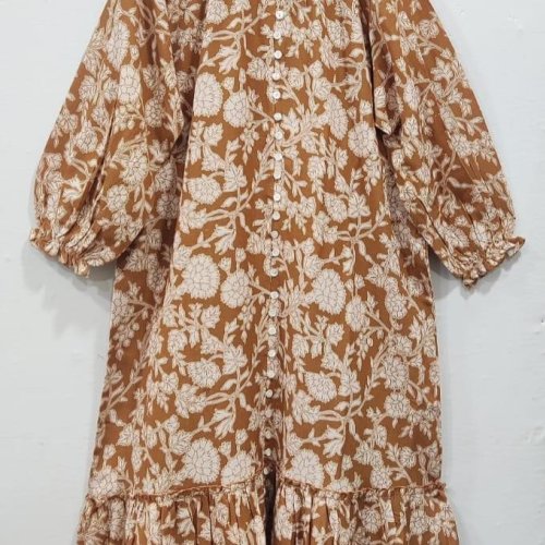 Ladies Brown Printed Cotton Midi Dress