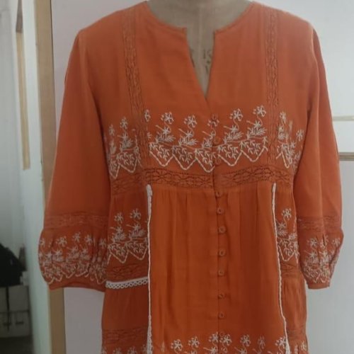 Ladies Orange Cotton Embroidered Short Kurti