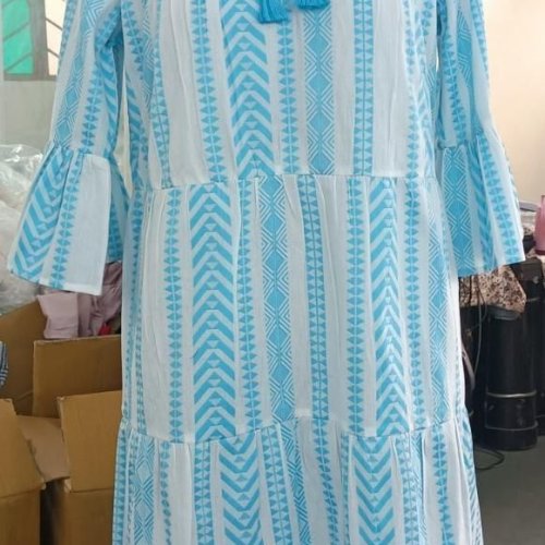 Ladies White and Sky Blue Cotton Midi Dress