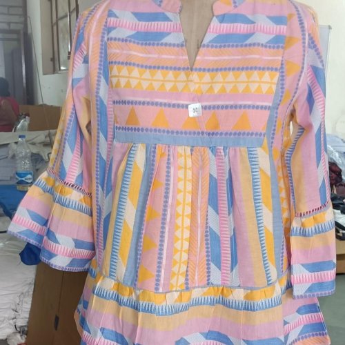 Multicolor V Neck Cotton Short Kurti