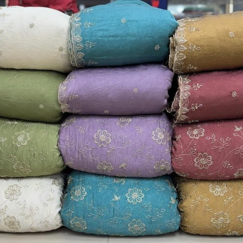 Rangoli Crush Semi Beats Zari Butta Embroidery Fabric