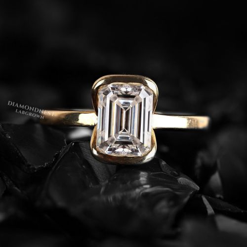 Emerald Cut Diamond Half Bezel Diamond Engagement Ring
