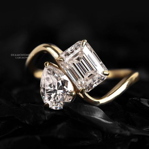 Emerald  Cut Gold Two Stone Diamond Engagement Ring