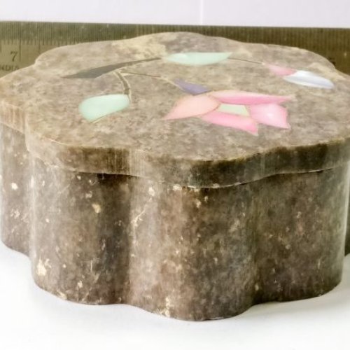 Vintage Hand Carved Soapstone Floral Trinket Jewelry Box