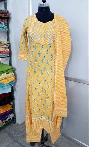 Yellow Printed Cotton Anarkali Suit