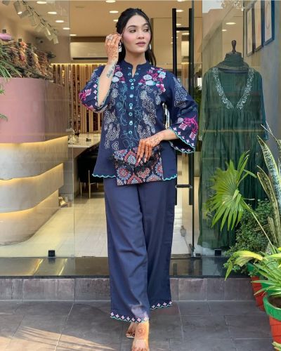 Embroidered Kurti Pant Co-Ord Set-Dark Blue