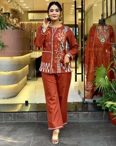 Embroidered Kurti Pant Co-Ord Set-Dark Orange