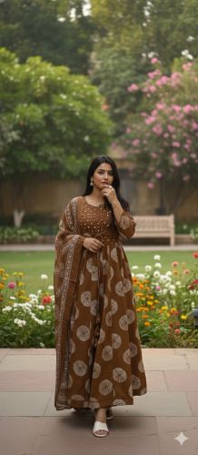 Women&Rsquo;S Brown Printed Anarkali Kurta Set with Dupatta Set