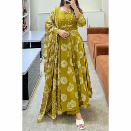 Women&Rsquo;S Mehndi Green Printed Anarkali Kurta with Dupatta Set