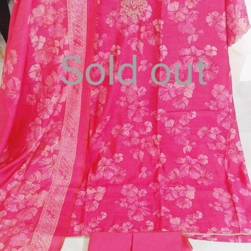 Top Pure Muslin Silk Digital Printed Zari Embroidered Neckline Unstitched Suits