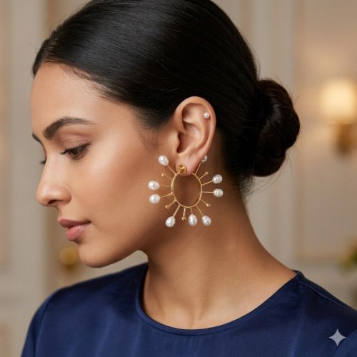 Elegant Circular Pearl Studded Golden Statement Earrings