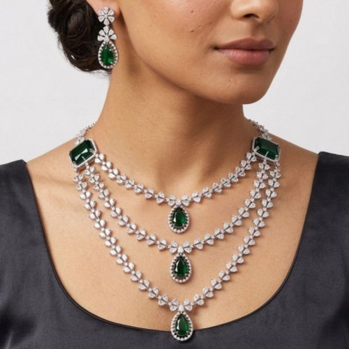 Emerald Drop Layered AD Necklace Set