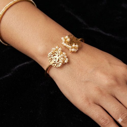 Floral Pearl Accent Gold Tone Open Bracelet Floral Pearl Accent Gold Tone Open Bracelet