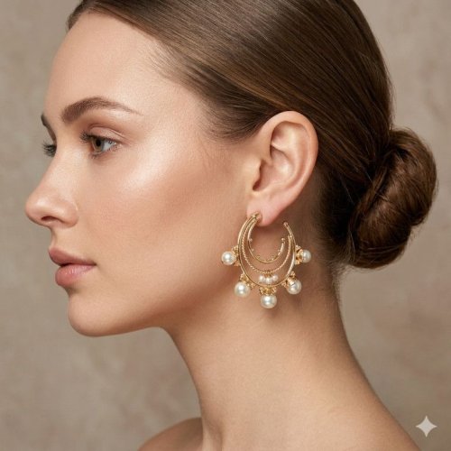Golden Crescent Pearl Dangler Earrings