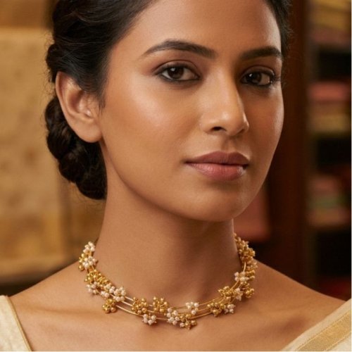 Golden Floral Pearl Cluster Choker Necklace