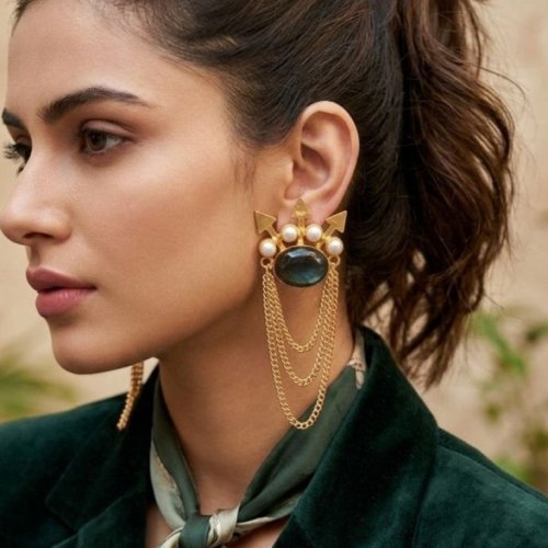 Golden Green Stone Pearl Tassel Earrings