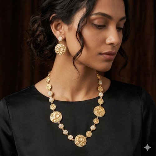 Golden Textured Coin Designer Long Necklace Set