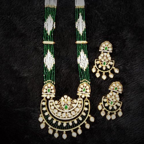 Green Beads Kundan Chandbali Long Necklace Set