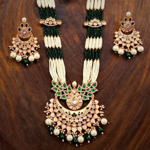 Green Beads Peacock Kundan Bridal Long Necklace Set
