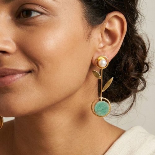 Green Stone Pearl Drop Gold Plated Earrings