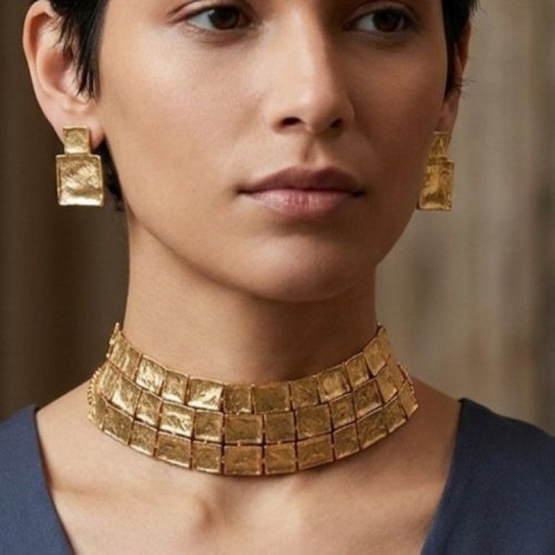 Grid Tile Statement Choker Necklace Set