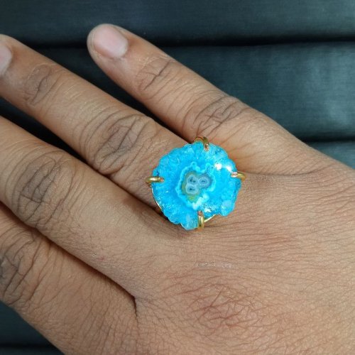 Natural Blue Stone Slice Gold Plated Adjustable Statement Ring