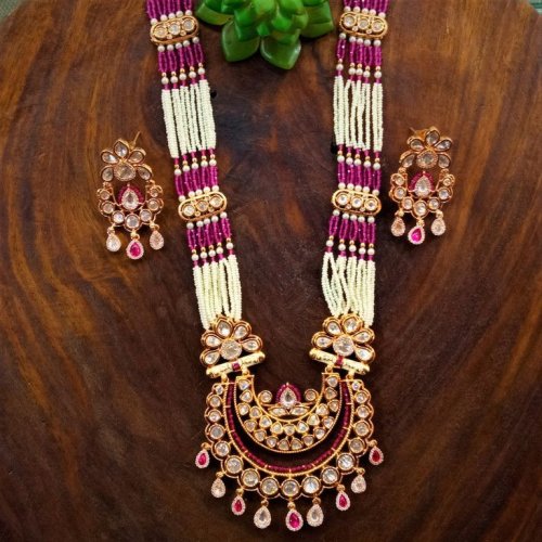 Pink & White Stone Kundan Drop Long Necklace Set Pink & White Stone Kundan Drop Long Necklace Set