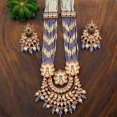 Purple Beads Floral Kundan Long Necklace Set Purple Beads Floral Kundan Long Necklace Set