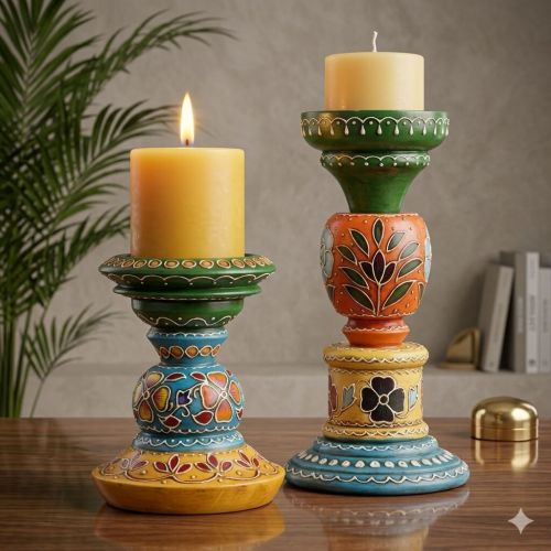 Hand-Painted Floral Mango Wood Candle Holder