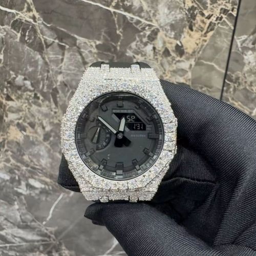 Stainless Steel Half Iced Moissanite Diamond Rubber Strap Watch