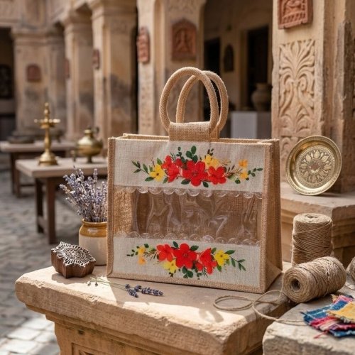 Brown Jute Printed Tote Bag