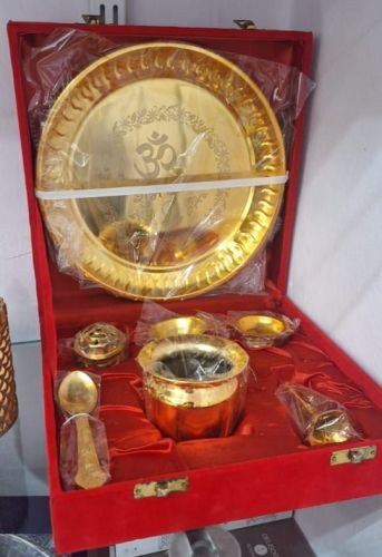 8 Inch Gold Plated Stainless Steel Om Pooja Thali Set