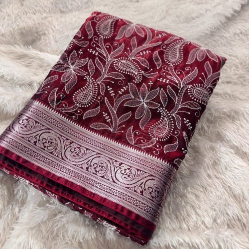 Maroon Chikankari Work Banarasi Satin Silk Saree